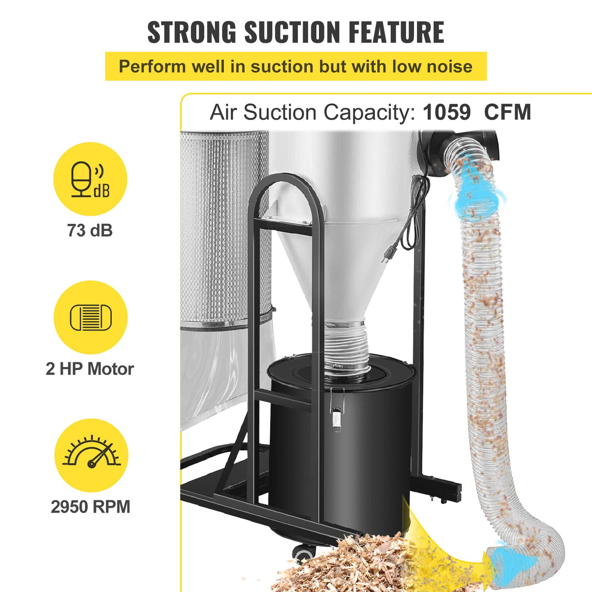 VEVOR 2 HP Dust Collector, Portable Cyclone Dust Collector, 1,500 CFM Woodworking Dust Collector with 13.2-Gallon Collection Drum and Mobile Base, VEVOR