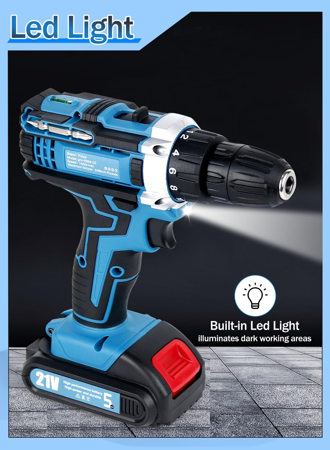 Aseboy 21V Cordless Drill Set, 1.5AH Battery, 18+2 Clutch Electric Drill with Work Light, Hammer Drill with 248 In-lbs Max, 2 Variable Speed,Fast Aseboy