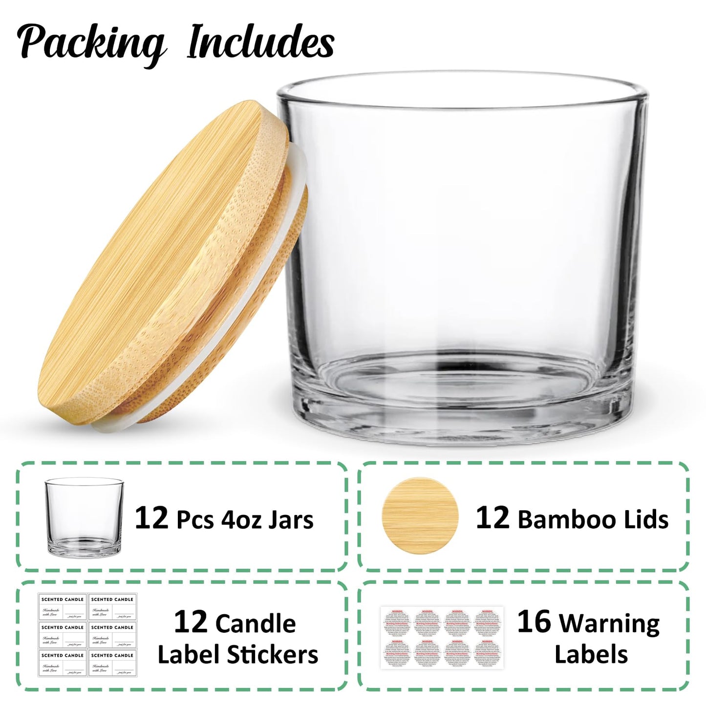 SUPMIND 4oz Glass Candle Jars 12 Pack- Clear Empty Candle Jars with Bamboo Lids and Sticky Labels, Bulk Small Candle Jars for Making Candles - WoodArtSupply