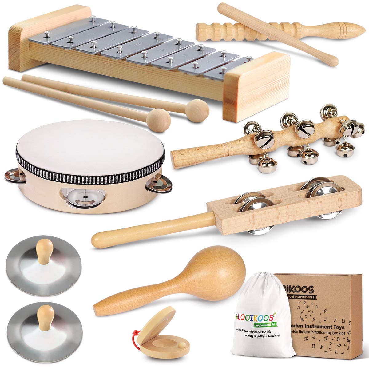 LOOIKOOS Toddler Musical Instruments, Eco Friendly Musical Set for Kids Preschool Educational, Natural Wooden Percussion Instruments Musical Toys for LOOIKOOS
