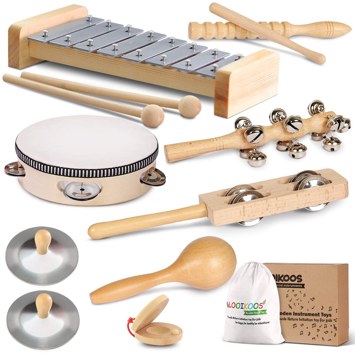 LOOIKOOS Toddler Musical Instruments, Eco Friendly Musical Set for Kids Preschool Educational, Natural Wooden Percussion Instruments Musical Toys for - WoodArtSupply