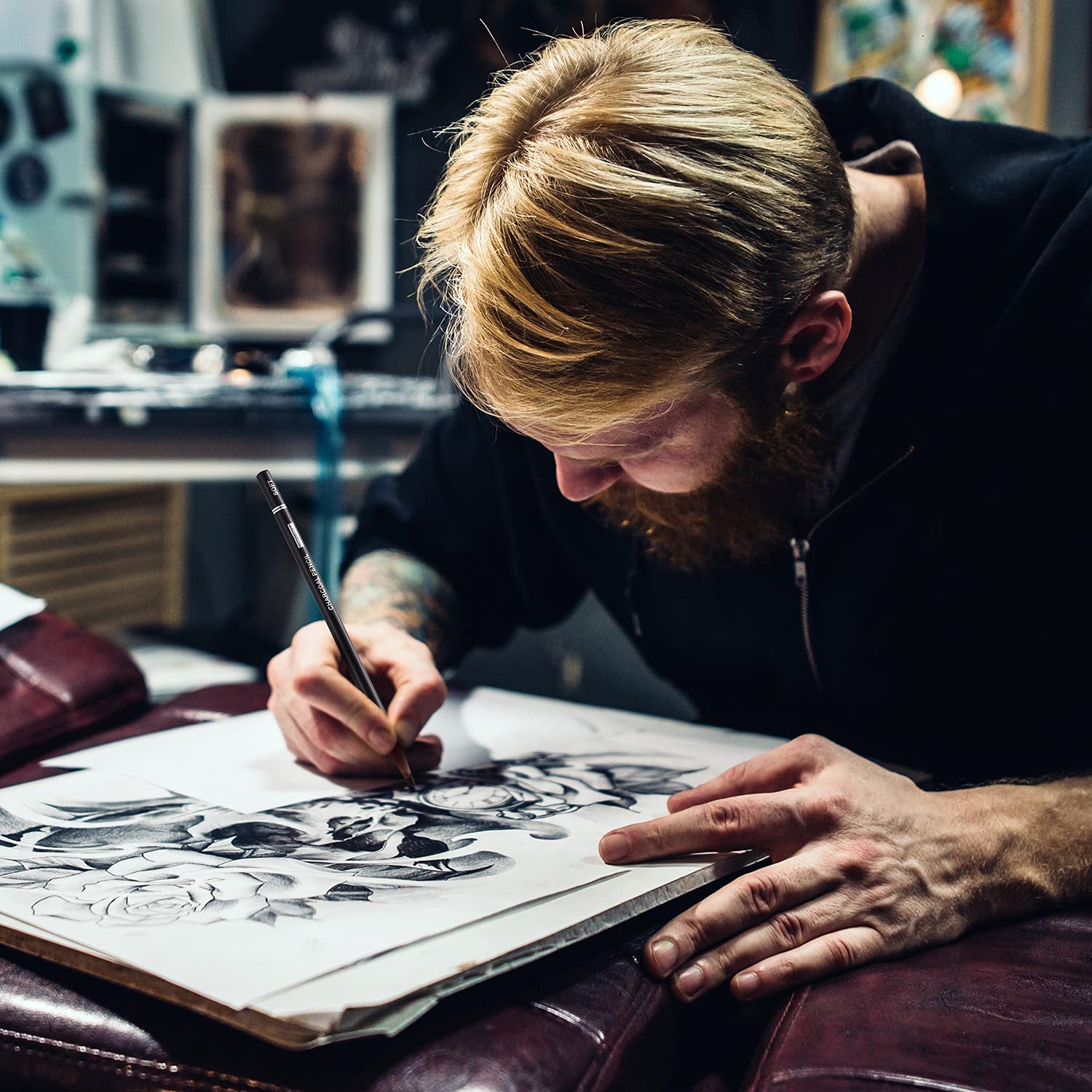 PANDAFLY Professional Charcoal Pencils Drawing Set - 8 Pieces Super Soft, Soft, Medium and Hard Charcoal Pencils for Drawing, Sketching, Shading, PANDAFLY