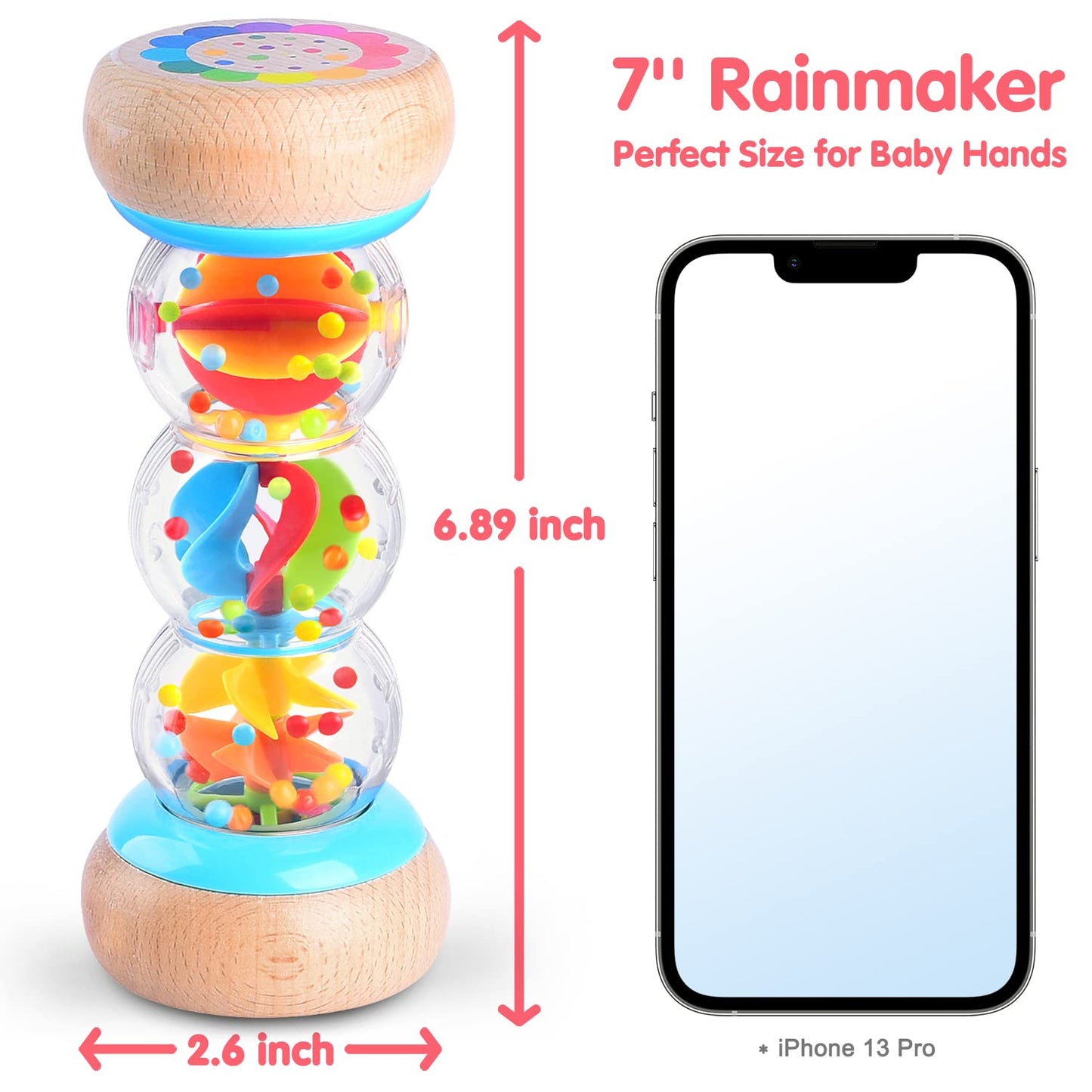 Rainmaker - 7 inch Wooden Rain Stick Montessori Toys for Babies 6-12 Months,Baby Rattle Shaker Sensory Developmental Toy,Raindrops Musical Instrument