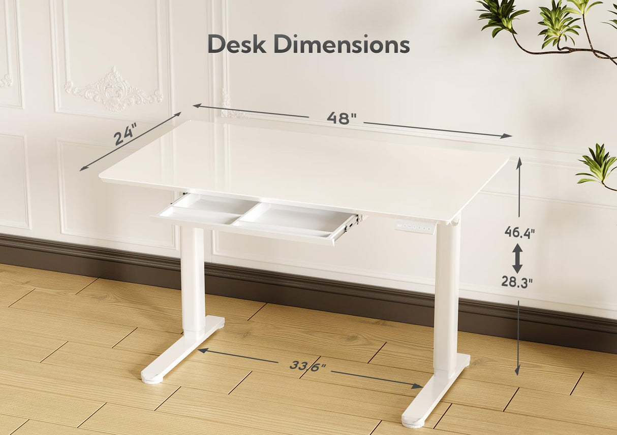 INNOVAR Glass Standing Desk with Drawers, 48×24 Inch Adjustable Stand Up Desk Quick Install Home Office Computer Desk, White INNOVAR