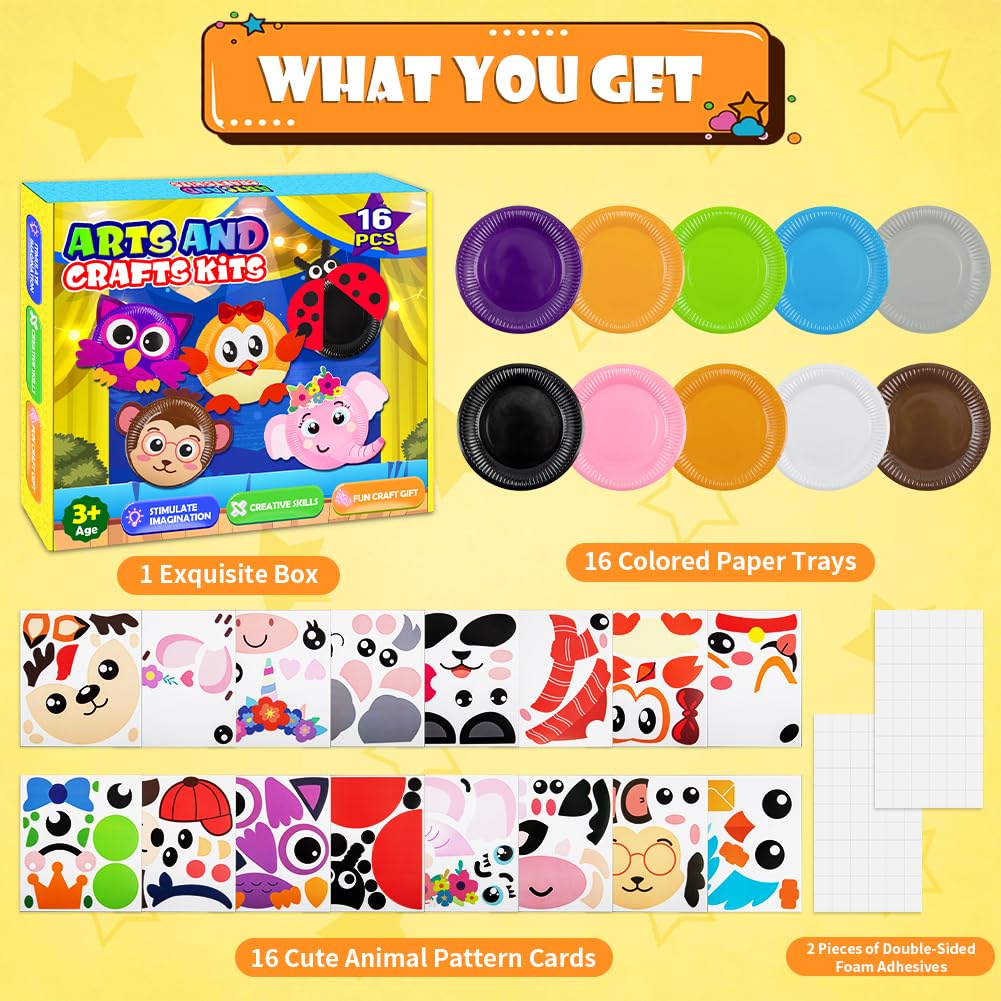16 Pack Arts and Crafts for Kids, Toddler Crafts Animal Paper Plate Art Kit Gift for 3 4 5 6 Year Old Boys Girls DIY Kids Crafts for Birthday Party MDCGFOD