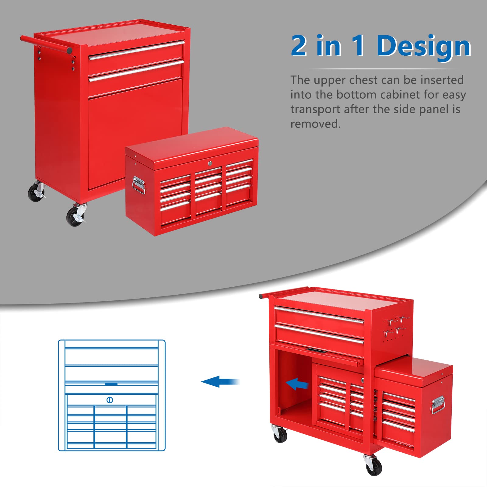 TUFFIOM 8-Drawer Rolling Tool Chest w/Lock & Key, Tool Storage Cabinet w/Wheels, Detachable Top, Drawers & Side Hooks, Mechanic Tool Organizer Box - WoodArtSupply