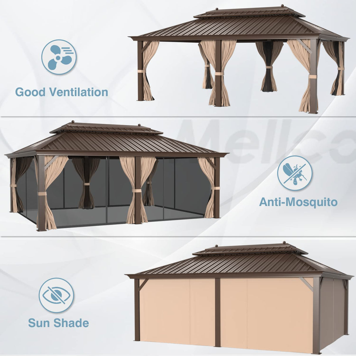MELLCOM 12' x 20' Hardtop Gazebo,Galvanized Steel Metal Double Roof Gazebo with Curtain and Netting,Brown Permanent Pavilion Gazebo with Aluminum MELLCOM