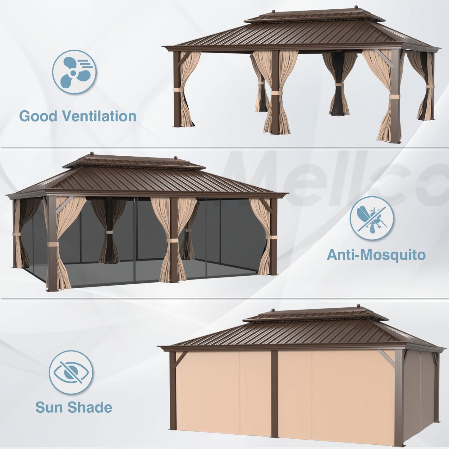 MELLCOM 12' x 20' Hardtop Gazebo,Galvanized Steel Metal Double Roof Gazebo with Curtain and Netting,Brown Permanent Pavilion Gazebo with Aluminum - WoodArtSupply