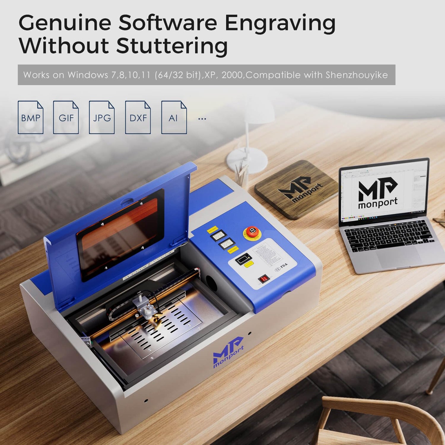 Monport 40W 2.0 Laser Engraver (8" X 12") CO2 Laser Engraver Lightburn Compatible with 3L CW-3000 Water Chiller for 40W CO2 Laser with Air Monport