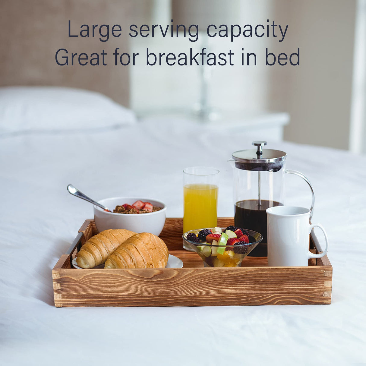 LotFancy Large Ottoman Tray for Living Room, 17x13'' Wood Serving Tray with Handles, Home Décor for Coffee Table, Sofa, 2 Skidproof Coasters Included LotFancy