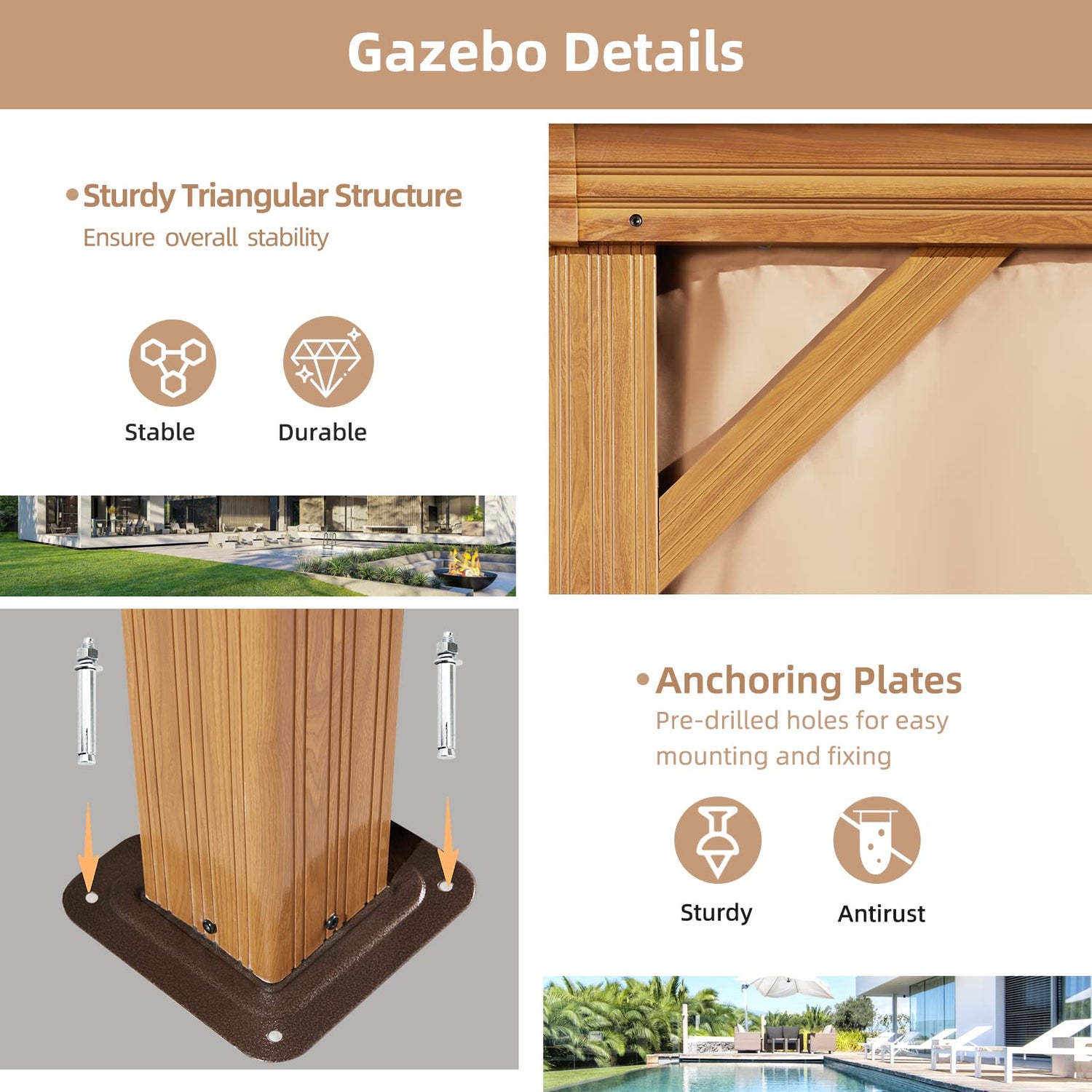 MELLCOM 10' x 12' Hardtop Gazebo, Wooden Finish Coated Aluminum Frame Gazebo with Galvanized Steel Double Roof, Brown Metal Gazebo with Curtains and MELLCOM