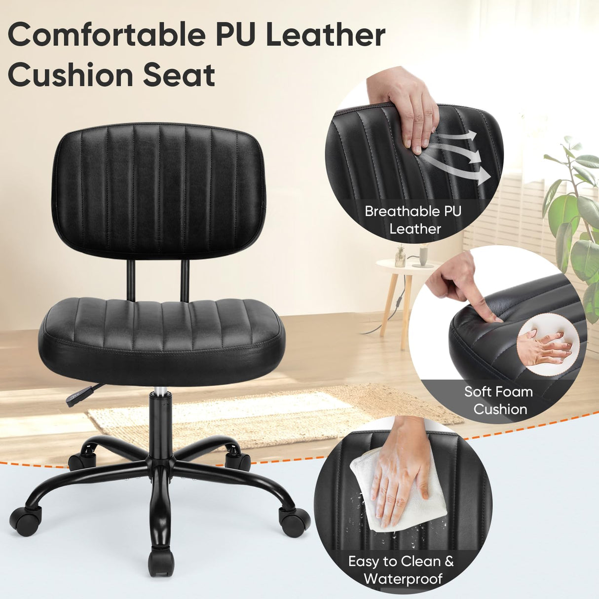 DUMOS Armless Home Office Chair Ergonomic Desk with Comfy Low Back Lumbar Support, Height Adjustable PU Leather Computer Task with 360° Swivel DUMOS