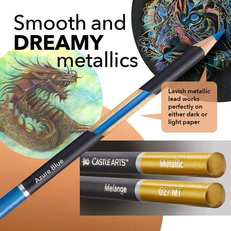 Castle Art Supplies 48 Piece Metallic Colored Pencil Set | 48 Shimmering Shades with Wax Cores for Professional, Adult Artists and Colorists | Castle Art Supplies