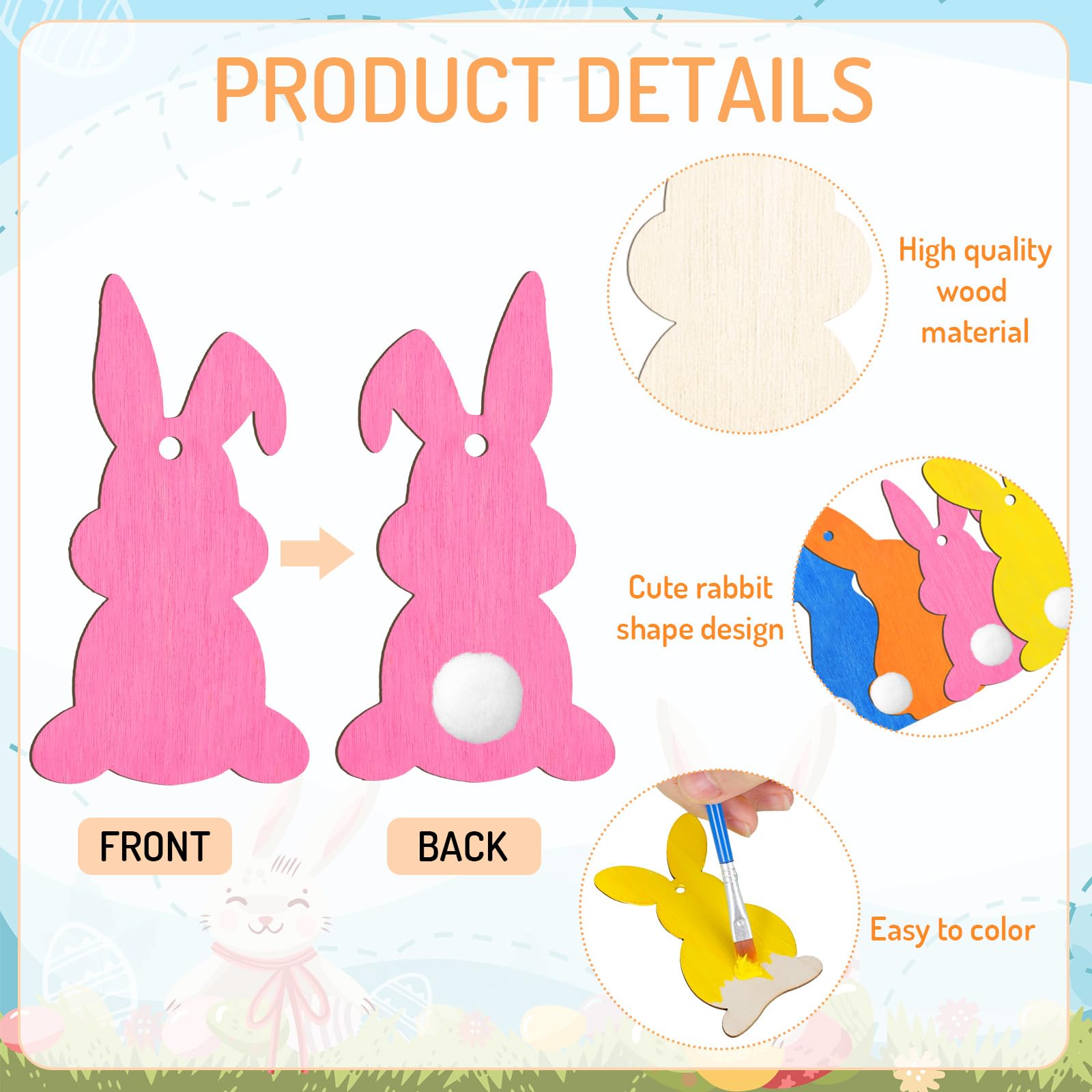 Whaline 30Pcs Easter DIY Crafts Sets Unfinished Wood Bunny Cutouts with Paints Brushes Palette Felt Balls Ropes Glue Points Spring Rabbit Wood - WoodArtSupply