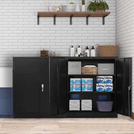Greenvelly Metal Garage Cabinet, 42" H Locking Metal Storage Cabinet with 2 Doors and Adjustable Shelves, Black Steel File Cabinet for Home Office, Greenvelly