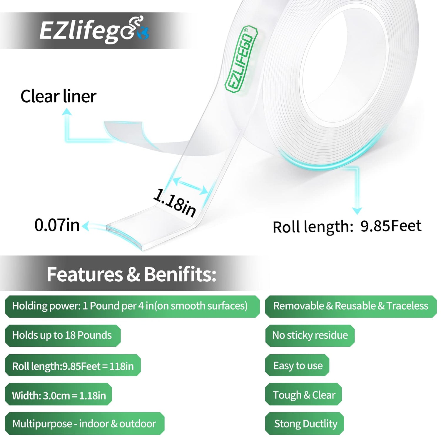 EZlifego Double Sided Tape Heavy Duty, Extra Large Nano Double Sided Adhesive Tape, Clear Mounting Tape Picture Hanging Adhesive Strips,Removable EZlifego