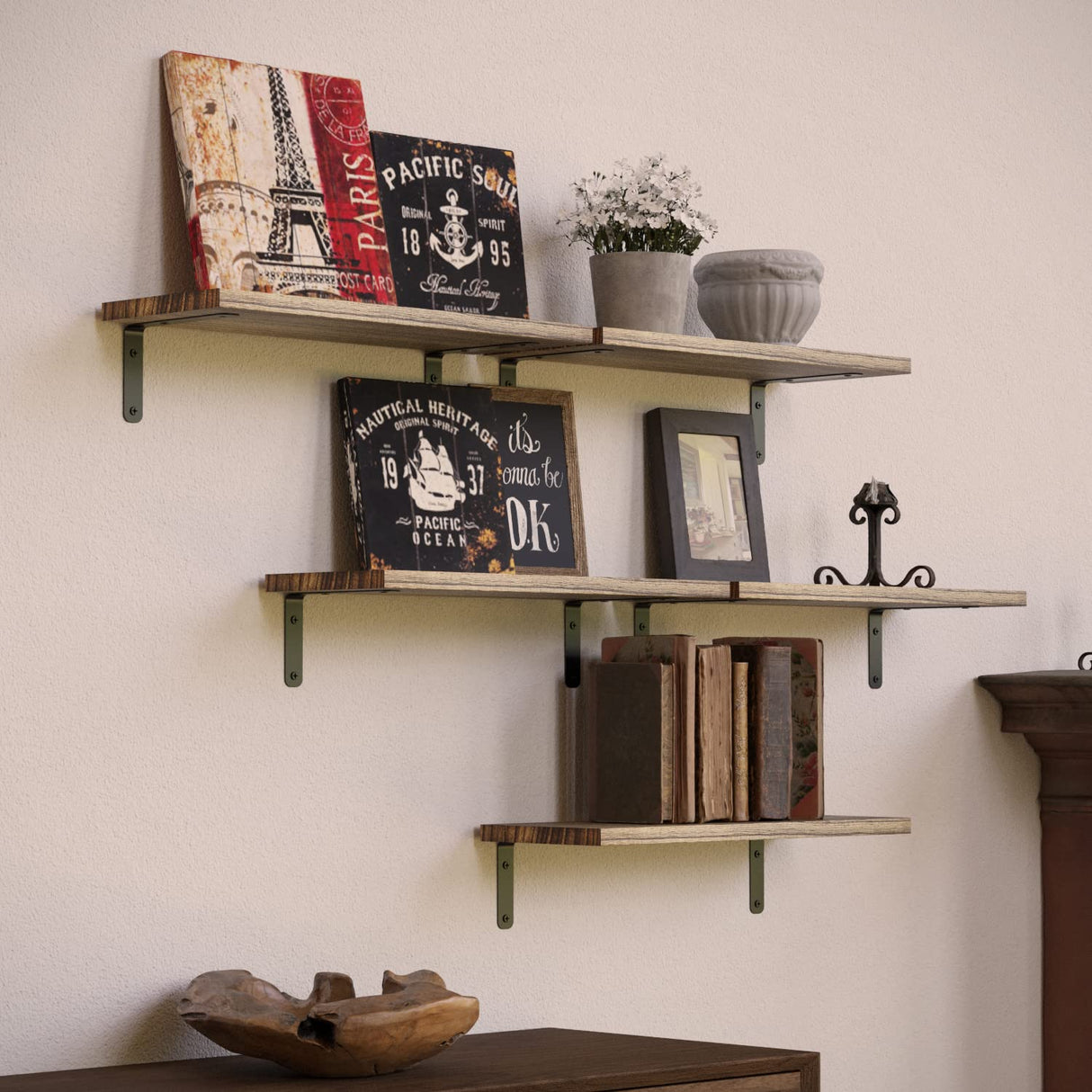 RICHER HOUSE Rustic Wood Shelves Set of 5, Farmhouse Style Floating Shelf for Wall Décor, Hanging Shelves forBathroom, Bedroom, Storage, Kitchen, RICHER HOUSE
