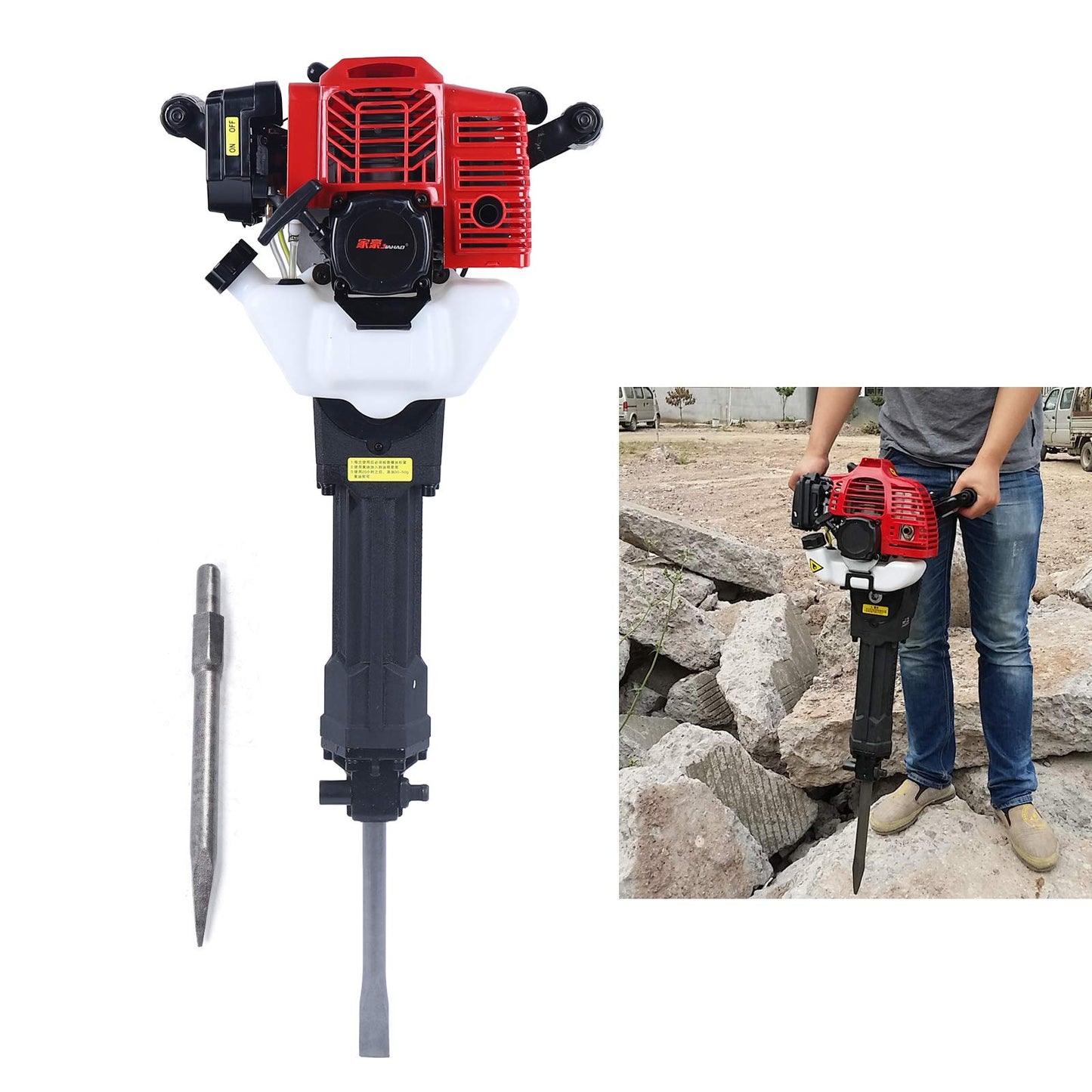 52CC Demolition Jack Hammer, 2 Stroke Gas Powered Concrete Breaker Punch Drill Jack Hammer 1500BPM with 2 Chisel Hand Pull Air Cooling for Heavy - WoodArtSupply