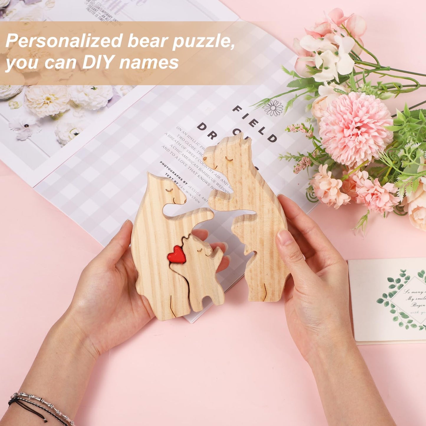 Personalized Family Name Puzzle, 3 Bears Wooden Bear Puzzle Decorative Wooden Bear Puzzle Creative Birthday Gifts for Mom Parents Home Decor Mothers - WoodArtSupply