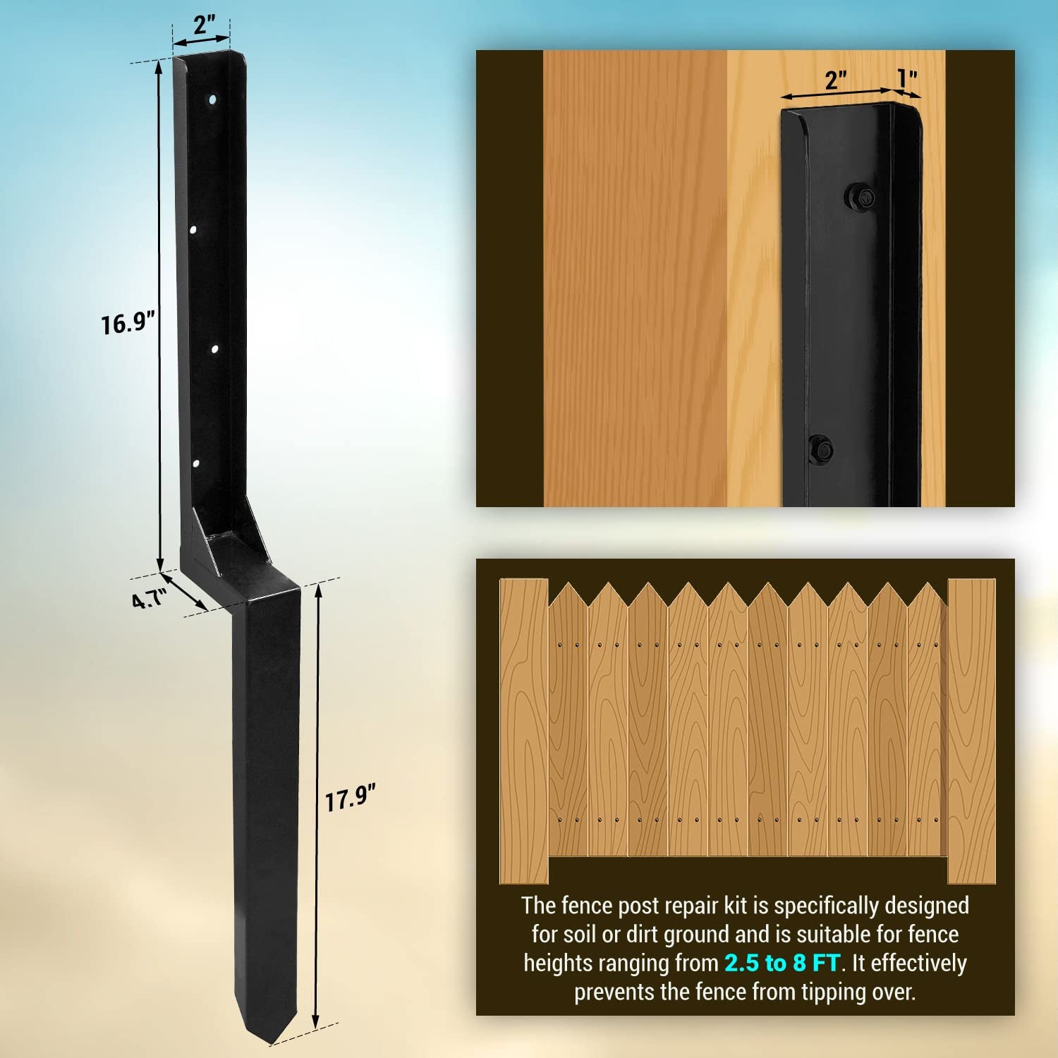 WIMART Fence Post Repair Kit, Heavy Duty Steel Fence Post Anchor Ground Spike for Repair Tilted, Broken Wood Fence Post (Black - Set 1) WIMART