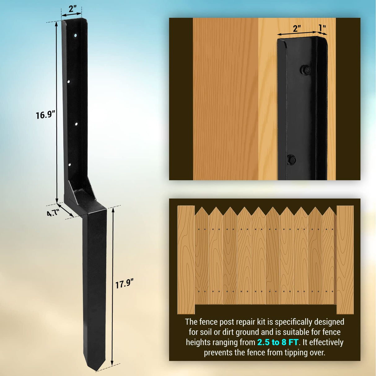 WIMART Fence Post Repair Kit, Heavy Duty Steel Fence Post Anchor Ground Spike for Repair Tilted, Broken Wood Fence Post (Black - Set 1) WIMART