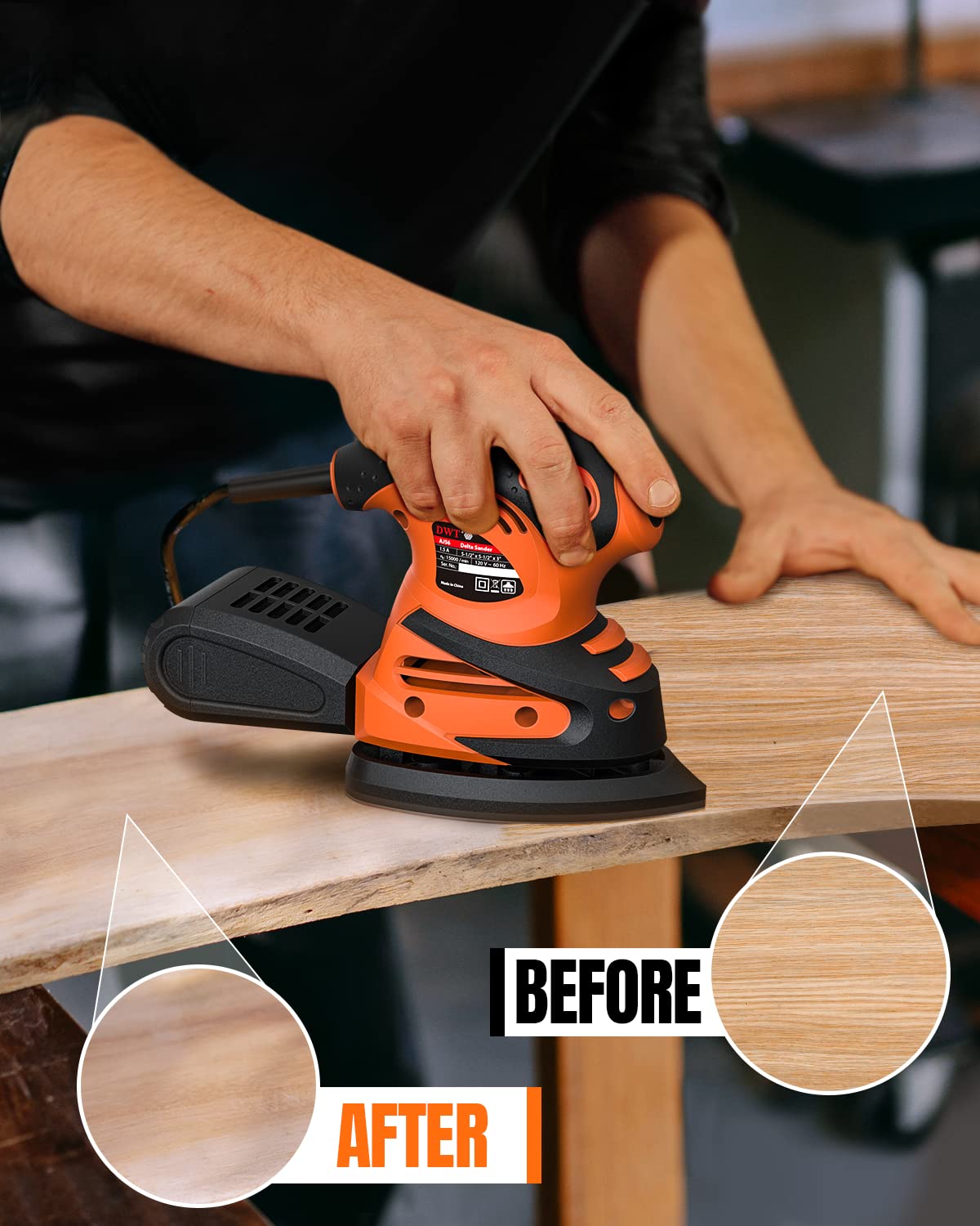 DWT Detail Sander, 1.5A 15000 OPM Electric Sander with 24pcs Sandpapers, Efficient Dust Collection System & Detail Finger Attachment, Soft Grip DWT