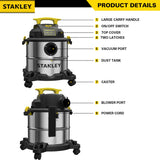 STANLEY SL18115 Wet/Dry Vacuum, 4 Horsepower, Stainless Steel Tank, 5 Gallon, 4.0 HP, 50" Sealed Pressure, Silver+Yellow STANLEY