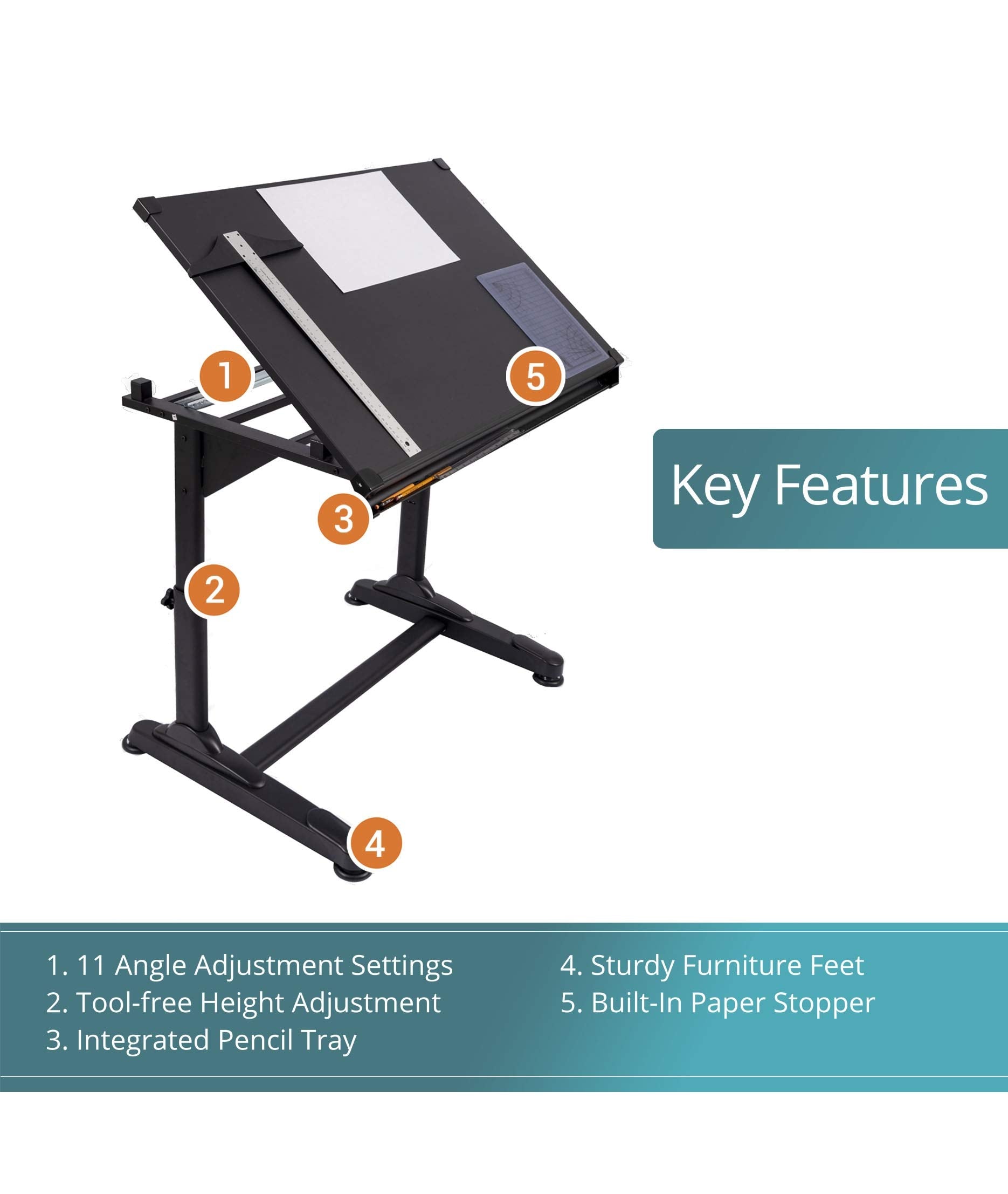 Stand Up Desk Store Adjustable Height and Angle Drafting Table Drawing Desk with Large Surface (Black Frame/Black Top, 40" W X 26" D) - WoodArtSupply