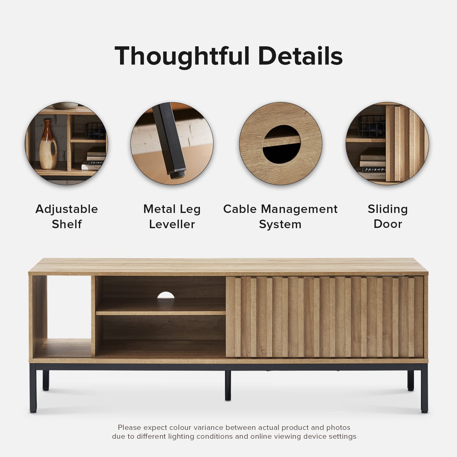 mopio Norwin 64" Rustic Industrial Modern TV Stand, Media Cabinet, TV Console Suits TV up to 70 inch, with Fluted Panel Sliding Door, Adjustable mopio