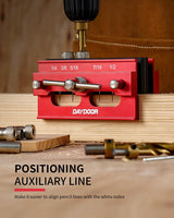DAYDOOR Self Centering Doweling Jig, Adjustable Width Dowel Jig for Straight Holes, Biscuit Joiner Set with 6 Bushings and 3 Drill Bits(Red) DAYDOOR