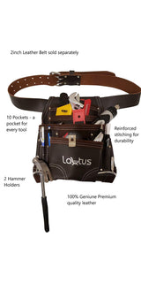 LAUTUS Oil Tanned Leather Tool Pouch Bag | Carpenter, Construction, Framers, Handyman | 10 Pockets, 2 Hammer Holders | 100% Leather Dark Brown LAUTUS