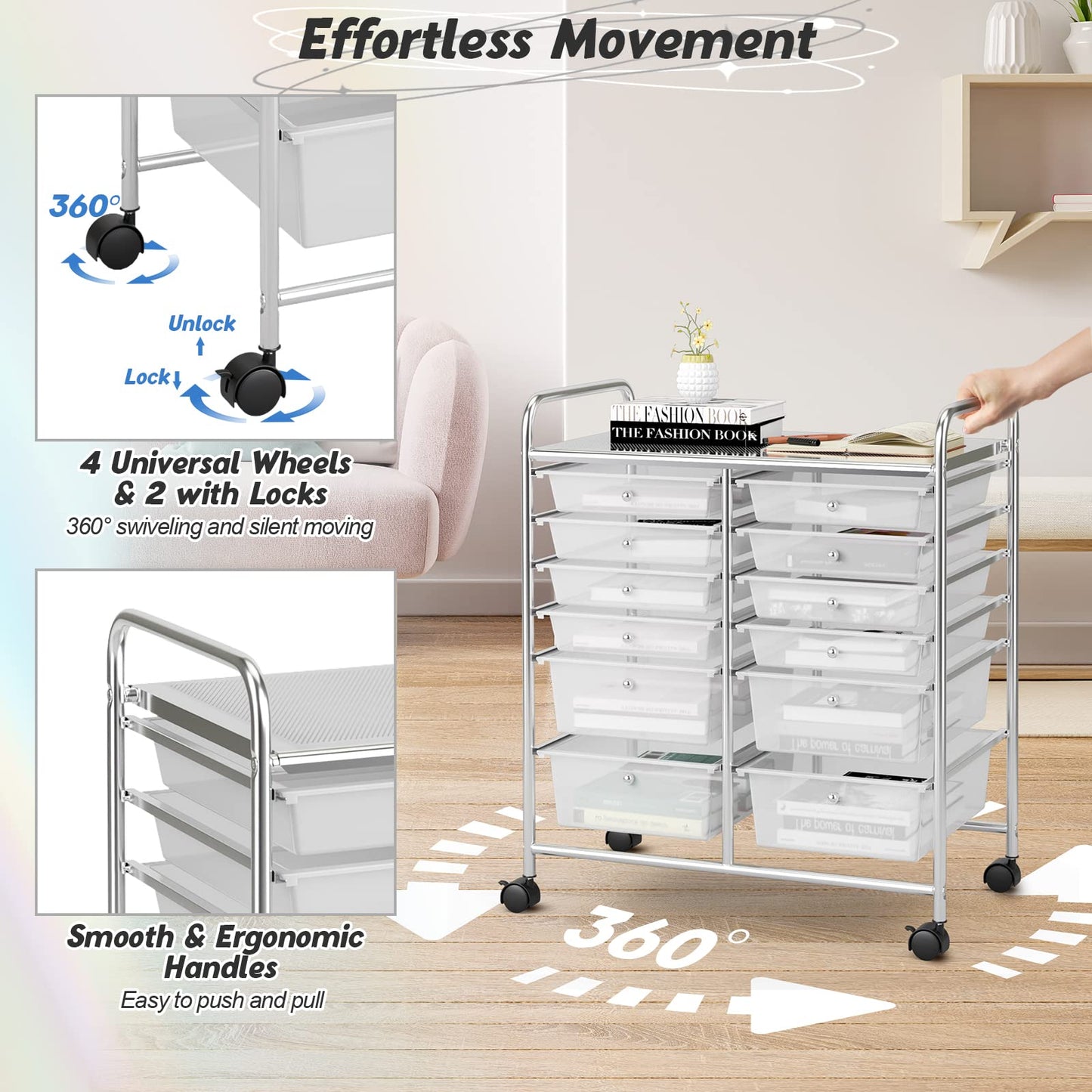 COSTWAY 12-Drawer Rolling Storage Cart, Moveable Art Craft Organizer W/Lockable Wheels, Metal Shelf, Files Arrangement Tools Makeup Storage Cart for - WoodArtSupply