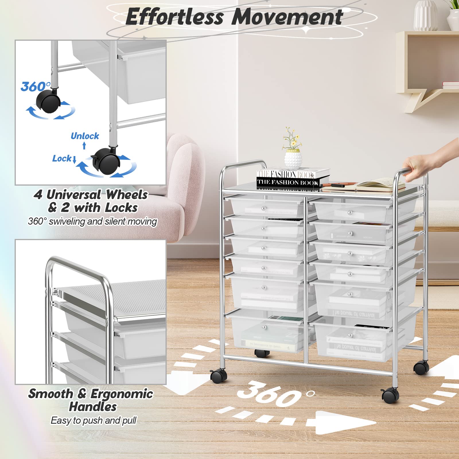 COSTWAY 12-Drawer Rolling Storage Cart, Moveable Art Craft Organizer W/Lockable Wheels, Metal Shelf, Files Arrangement Tools Makeup Storage Cart for - WoodArtSupply