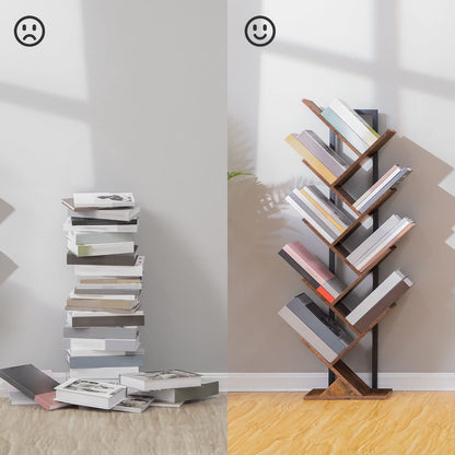 HOOBRO Tree Bookshelf, 9-Tier Bookcase Wooden Shelves, Floor Standing Storage Rack, for Display of CDs, Books in Living Room, Home Office, Wood