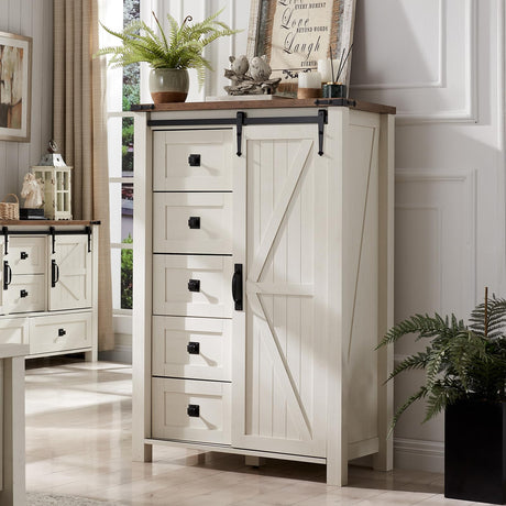 T4TREAM 5 Drawers Dresser for Bedroom w/Sliding Barn Door, Farmhouse Modern Tall Dresser 5 Chest of Drawers, Storage Organizer Dresser for Bedroom, T4TREAM