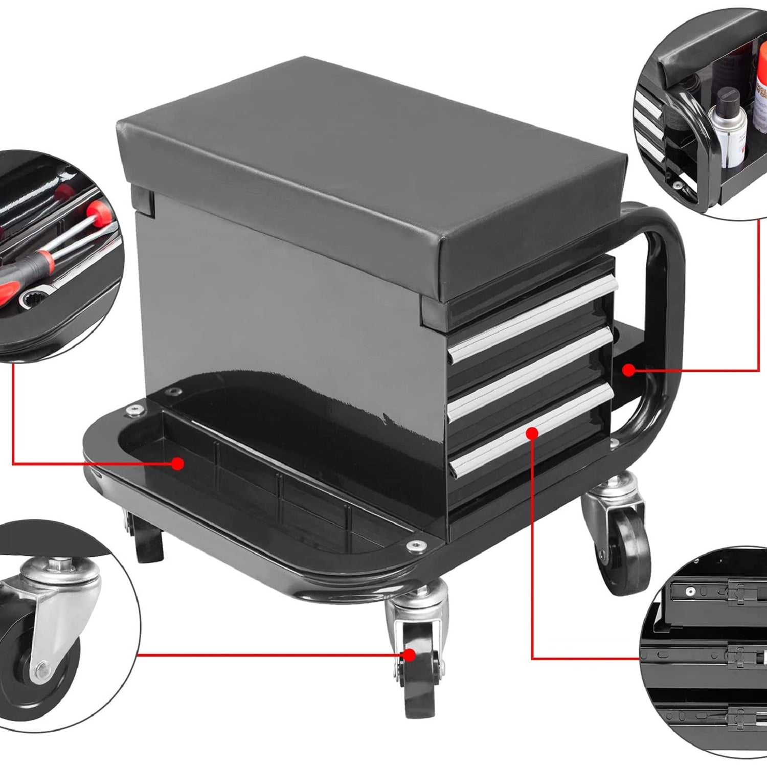 TCE Rolling Creeper Garage/Shop Seat with Three Built-in Drawers,Padded Mechanic Stool Creeper Seat,Black,APD2016AU TCE