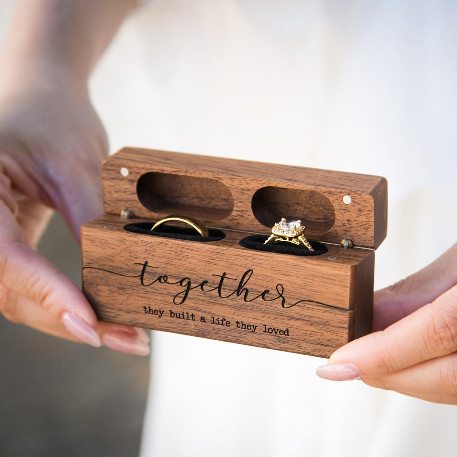 MUUJEE Together Double Ring Box - Engraved Slim Wooden Ring Case Box for Wedding Ceremony Engagement Proposal Ring Bearer Box - Anniversary Birthday MUUJEE