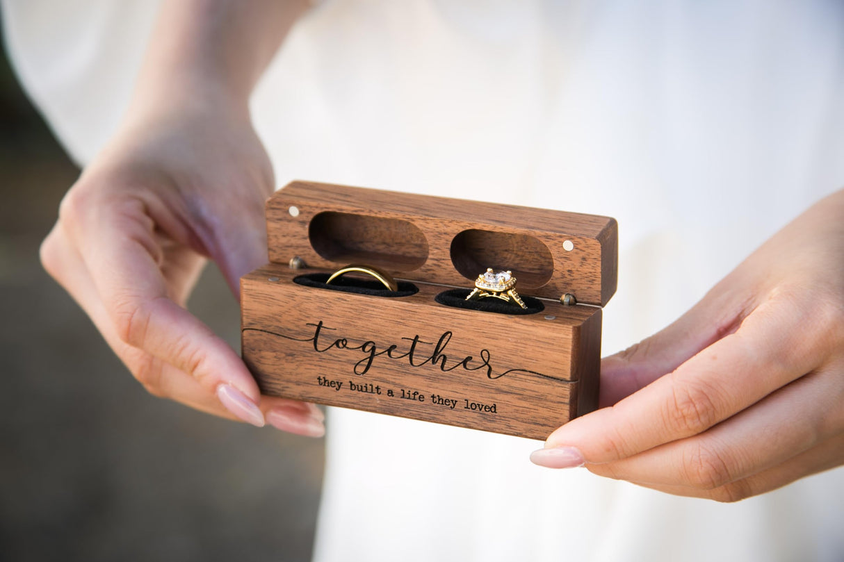 MUUJEE Together Double Ring Box - Engraved Slim Wooden Ring Case Box for Wedding Ceremony Engagement Proposal Ring Bearer Box - Anniversary Birthday MUUJEE
