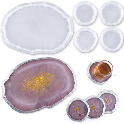 Resin Tray Molds,Large Silicone Tray Molds with 4Pcs Coaster Molds for Epoxy Resin，Oval Tray Molds for Resin Casting, DIY Resin Crafts Home