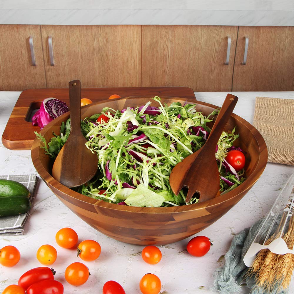 AIDEA Salad Bowls, Wooden Salad Bowls Set, Large Acacia Wood Serving Bowl for Fruits, Salad, 12.5" Big Salad Bowl with Serving Utensils