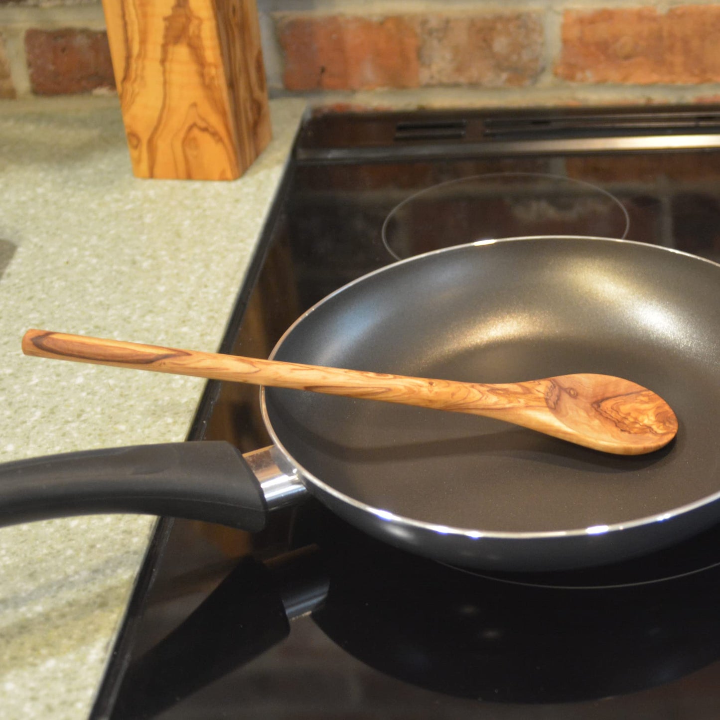 The Live Edge - Handmade Olive Wood Spoon 12" Long handle | Large Wooden Spoon for Cooking, Kitchen Utensil | Single Nonstick Wood Serving Spoons for - WoodArtSupply