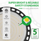 Flakeeper LED High Bay Light 150W, 21000 LM with US Plug 5ft Cable, 5000K Daylight, IP65 Waterproof, UFO Commercial Industrial Warehouse Workshop Flakeeper