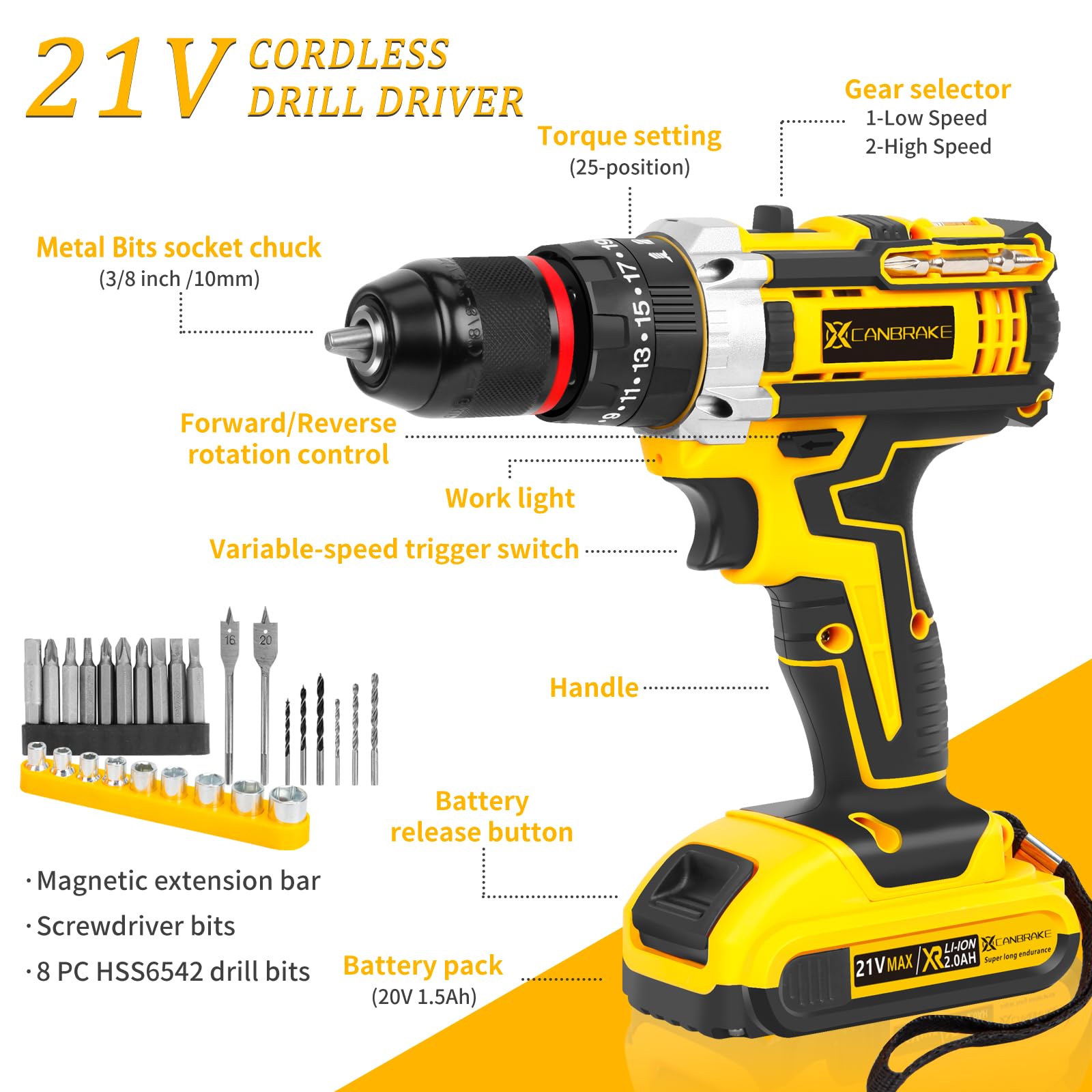 CANBRAKE 21V Tool Kit with Drill, 120PCS 21V Cordless Drill Set with 3/8" Keyless Chuck of Metal & 25+3 Clutch with Impact, 2 x 2.0Ah Battery & Fast - WoodArtSupply