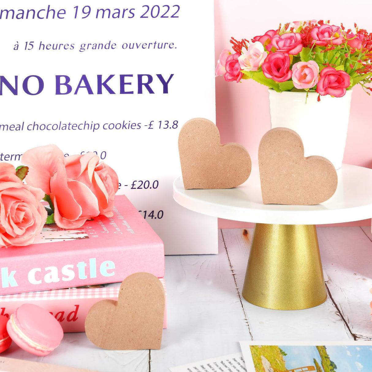 Whaline 12Pcs Valentine's Day Heart Shaped Table Wooden Sign Unfinished Blank Heart Density Board Slice Double-Sided Tabletop Heart Decor for Wedding Whaline