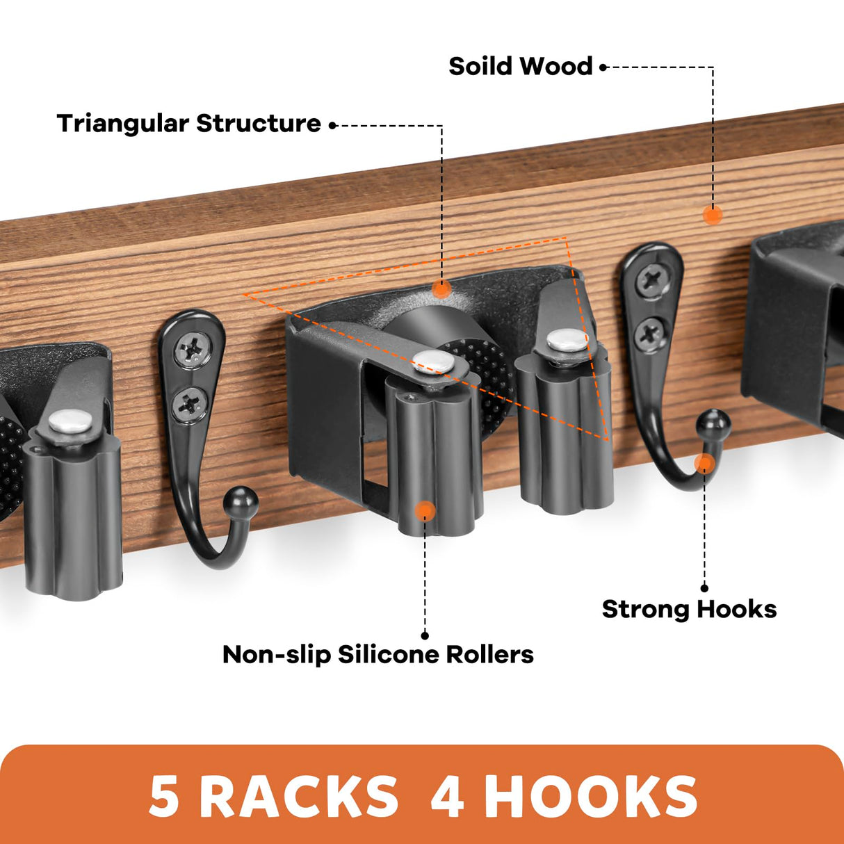 IMILLET Broom Holder Wall Mount, Wood Broom Holder with 5 Racks and 4 Hooks Broom Organizer, Laundry Room Organization and Storage, Mop Holder for IMILLET