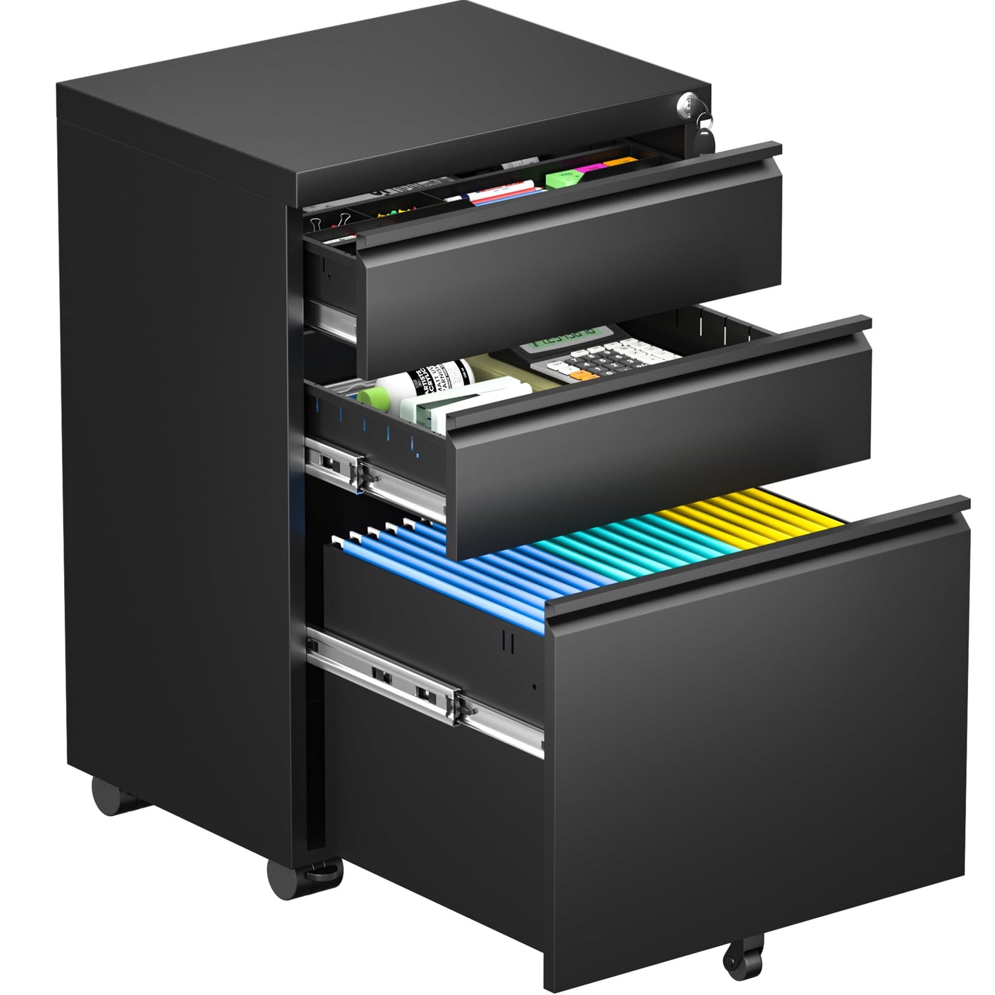Bonusall Black File Cabinet, 3 Drawer Mobile File Cabinet with Lock and Wheels, Under Desk Metal Filing Cabinet for Office， Rolling Cabinet with 2