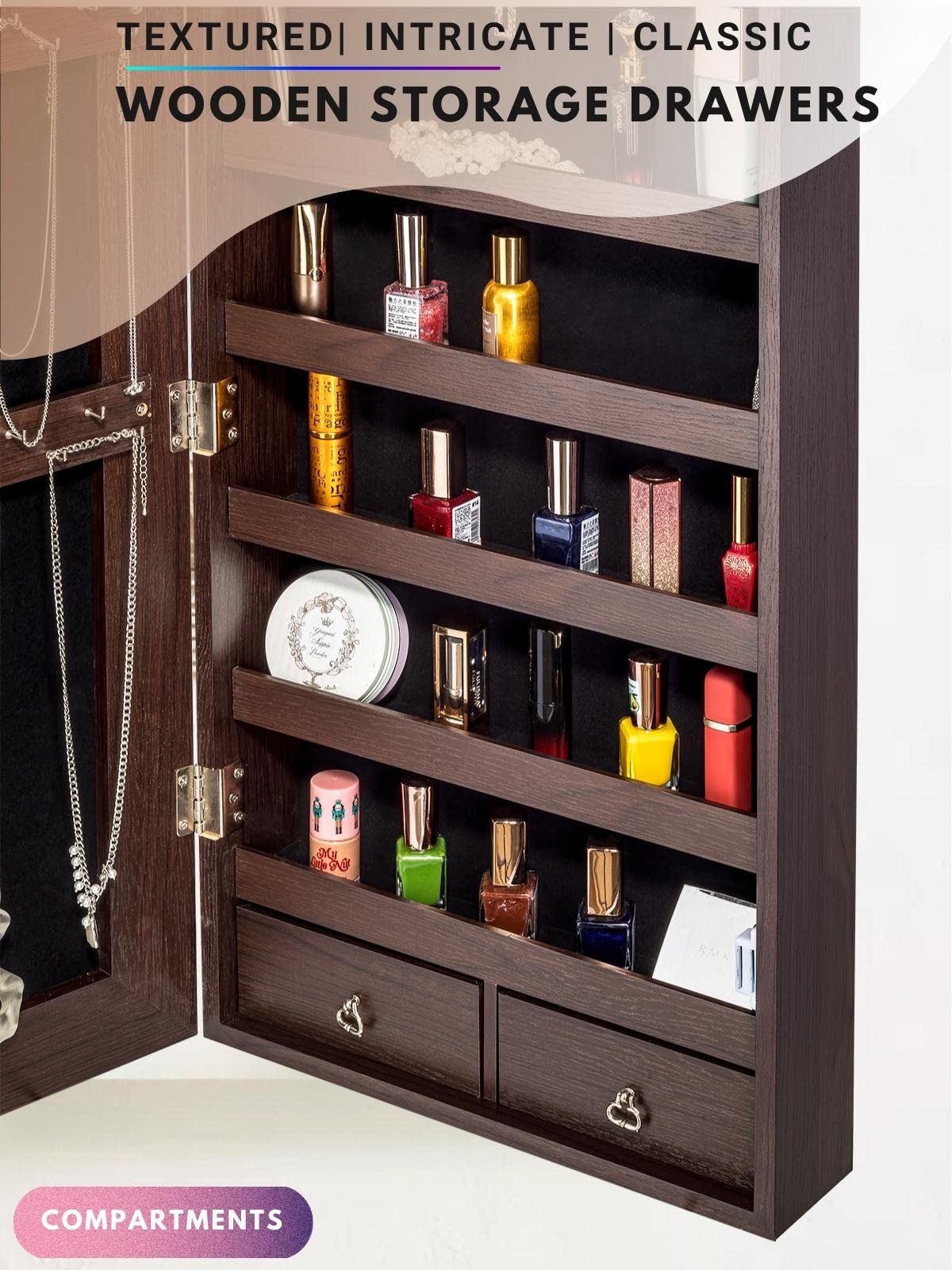 YOKUKINA Jewelry Mirror Armoire Cabinet, Large Storage Organizer w/LED Light, Door-Hanging/Wall-Mounted Lockable, Brown