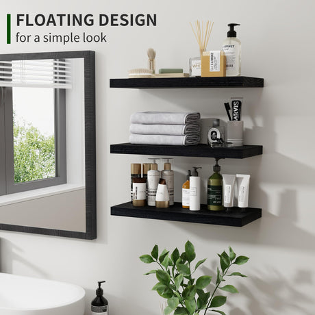 Marsmiles Black Floating Shelves, 17 Inch Wall Shelf Set of 3, Rustic Wood Shelves for Wall Storage, Wall Mounted Wooden Display Shelf for Bathroom Marsmiles