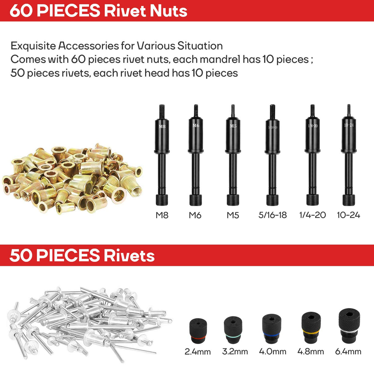 Eastvolt Rivet Nut Tool, 3 in 1 Hand Rivet, Rivet Gun Rivet Nut Tool Reamer 3 in 1 Set, Including 60Pcs Rivet Nuts, 6 Metric & SAE Mandrels and 2 Eastvolt
