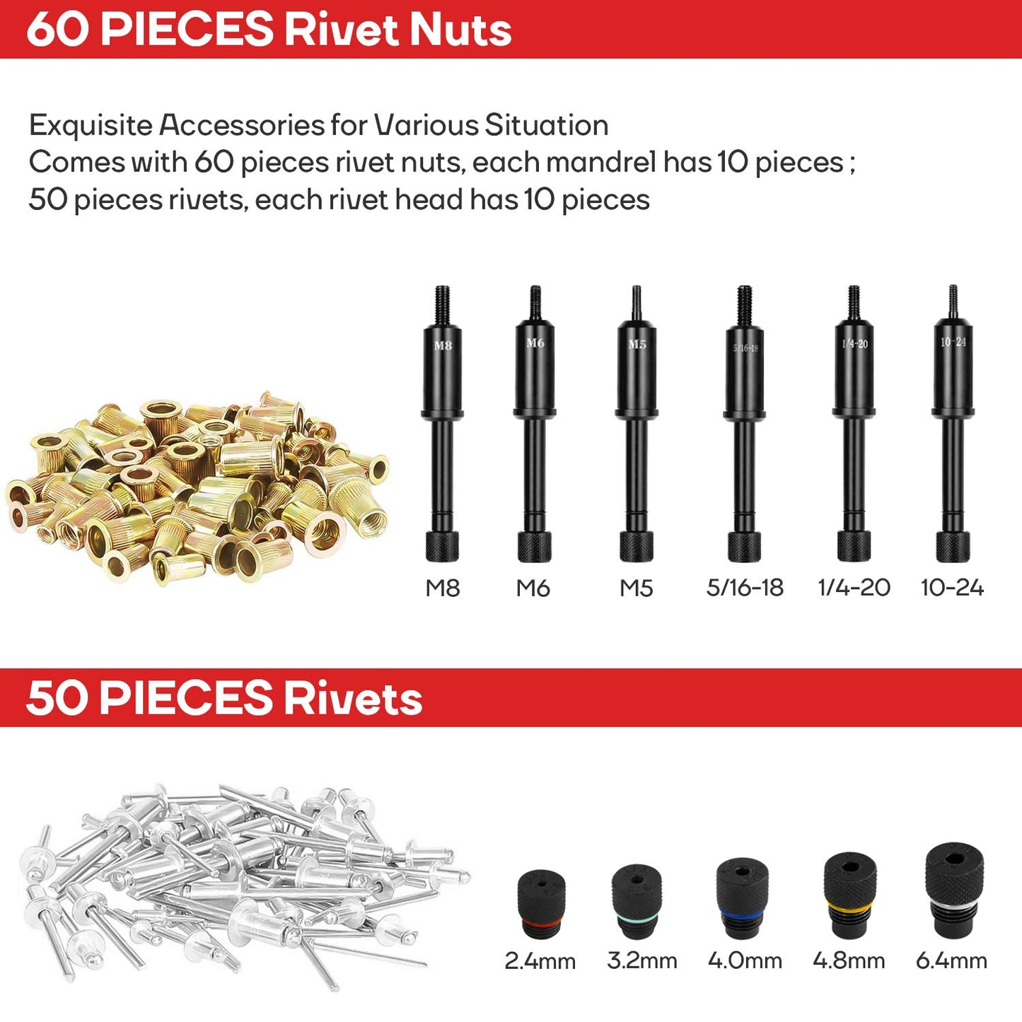 Eastvolt Rivet Nut Tool, 3 in 1 Hand Rivet, Rivet Gun Rivet Nut Tool Reamer 3 in 1 Set, Including 60Pcs Rivet Nuts, 6 Metric & SAE Mandrels and 2 - WoodArtSupply